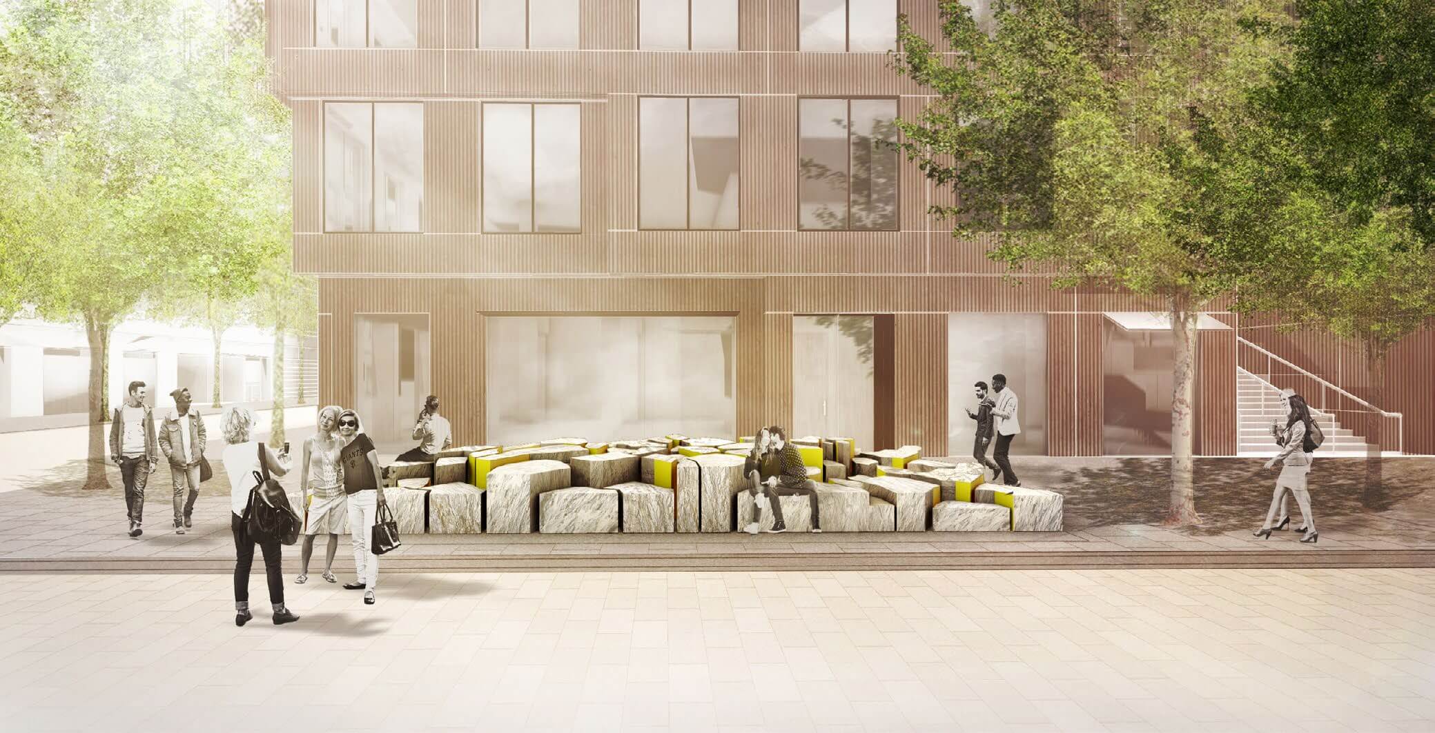rendering of an outdoor interactive installation created from stone