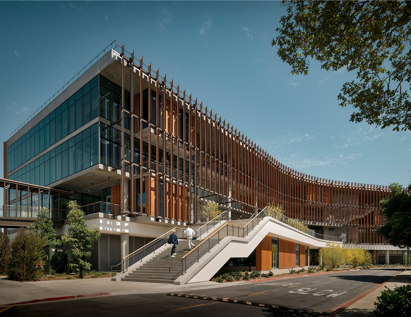 exterior of a medical building with wood louvers