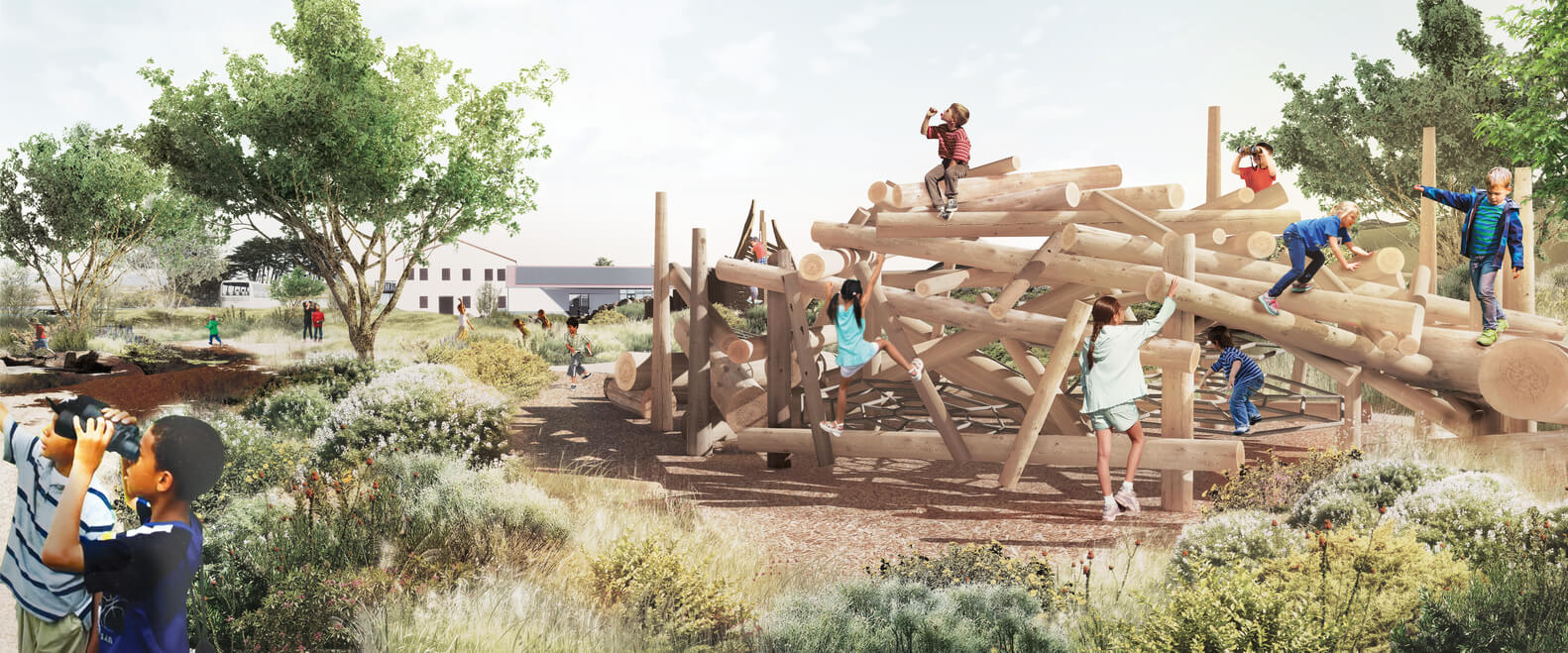 rendering of a kids play area built from natural logs