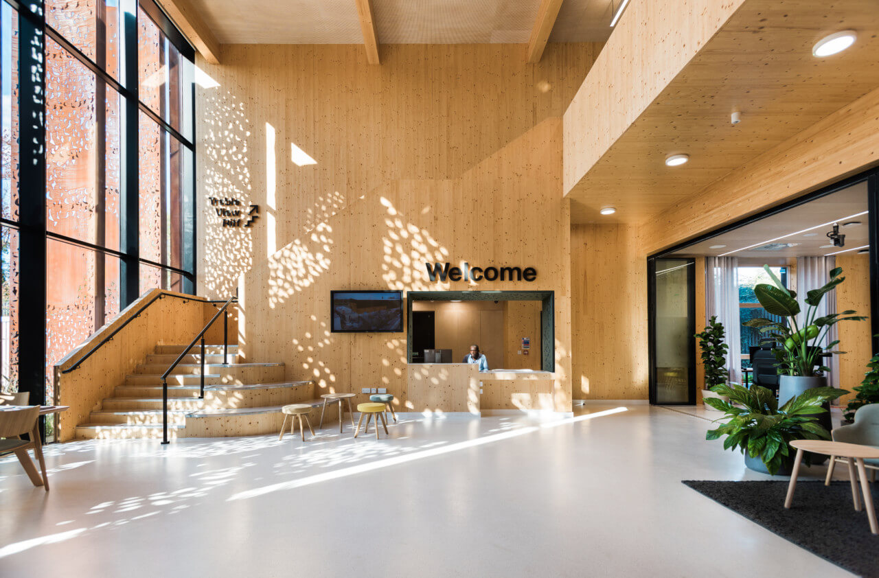 mass timber lobby space in a research building