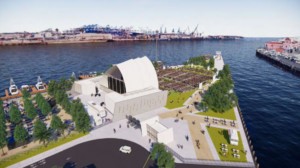 rendering of a large amphitheater on an insdustrial waterfront
