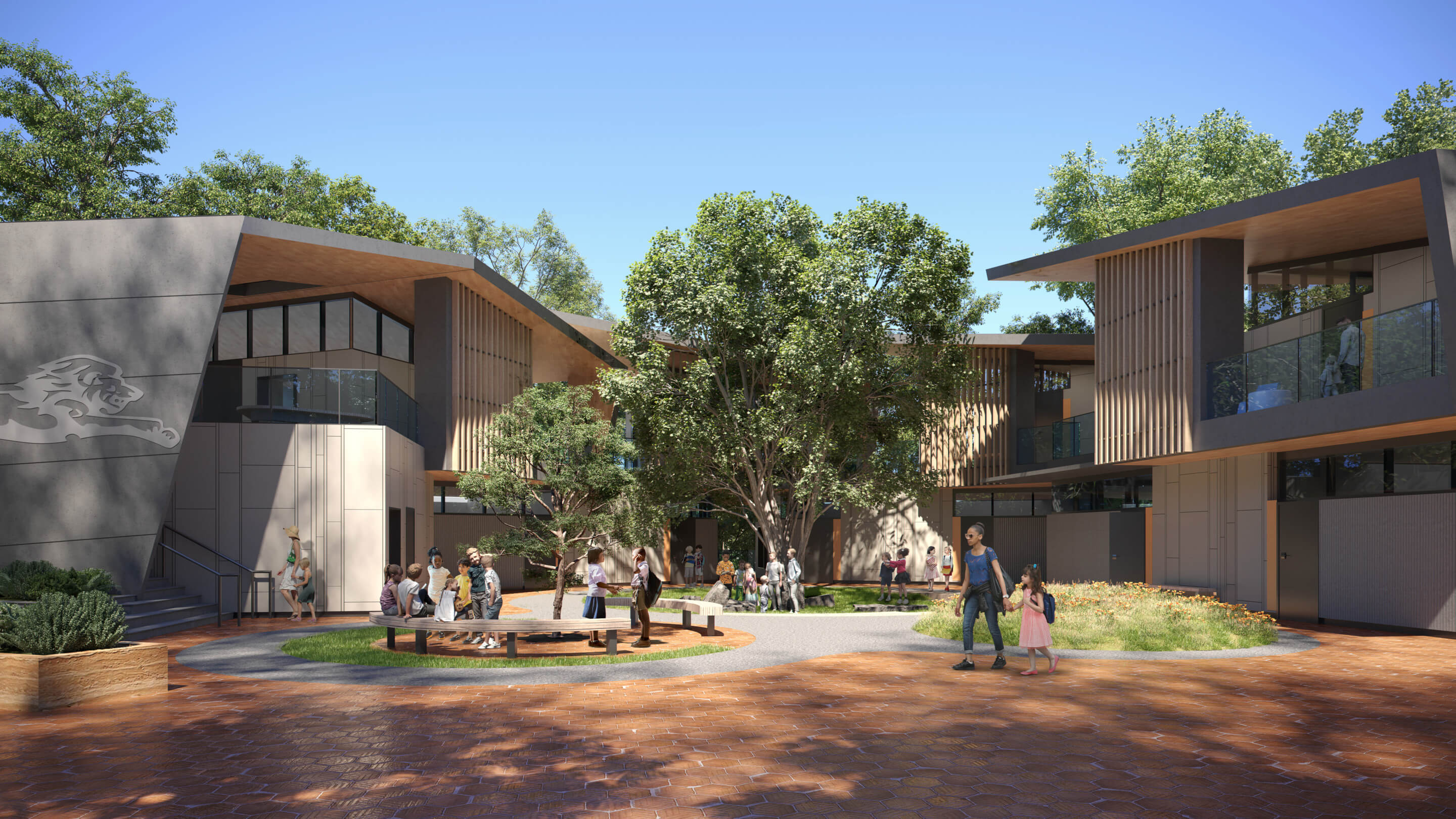 rendering of an open primary school campus with a tree-anchored courtyard