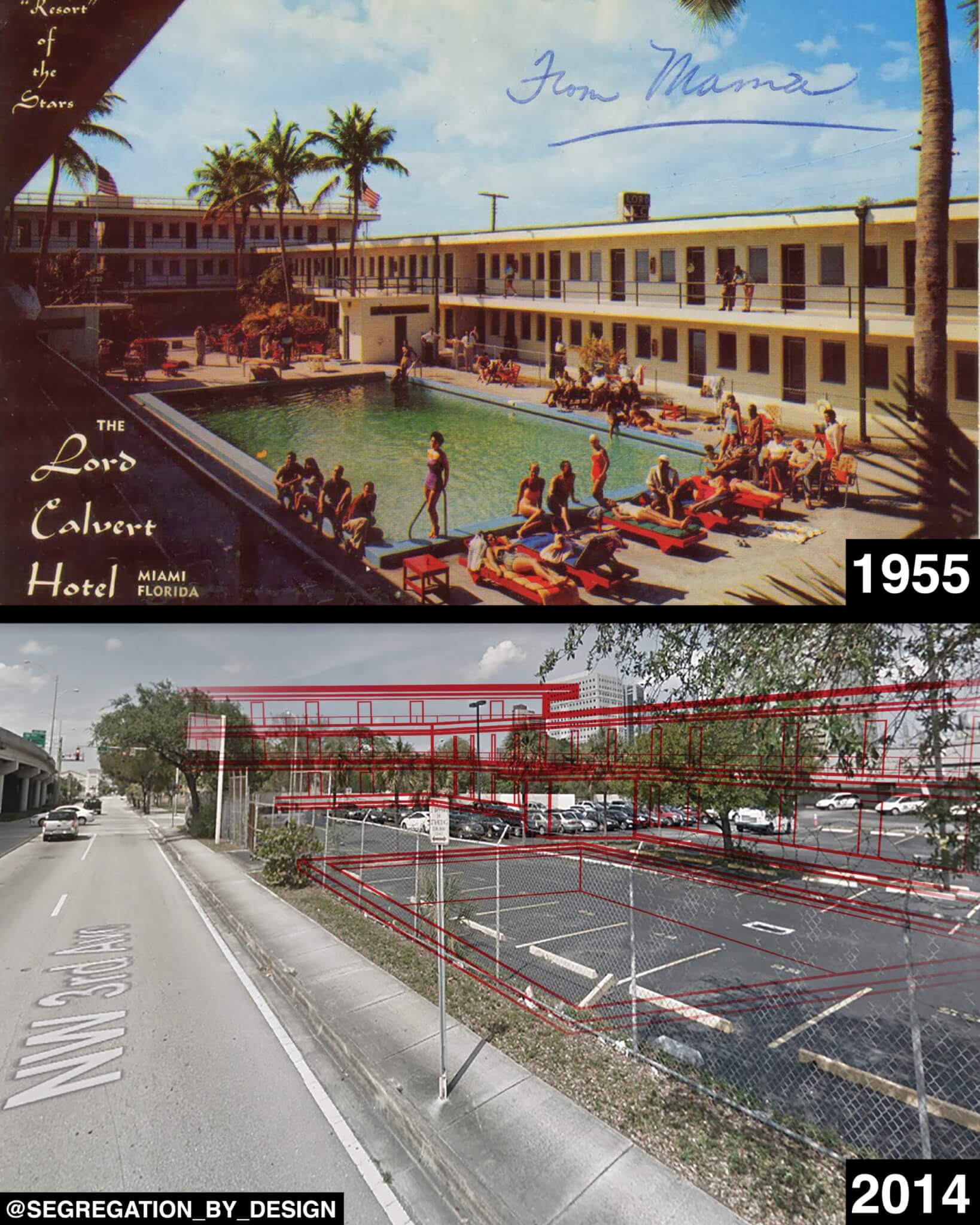 a postcard showing a vibrant scene at a miami hotel contrasted with a surface parking lot now at the site