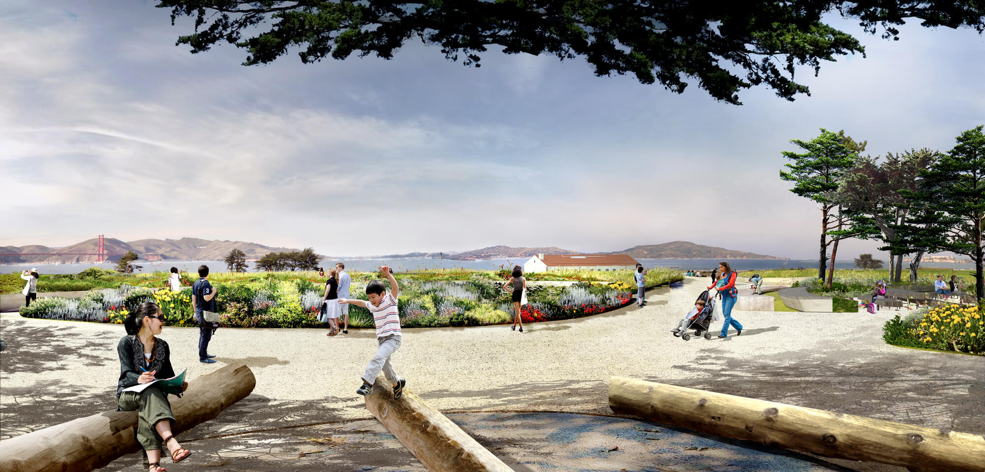 rendering of a park plaza with sweeping san francisco views