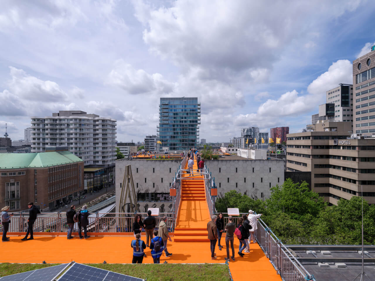 a orange-carpeted rooftop installation