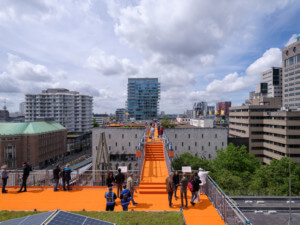 a orange-carpeted rooftop installation