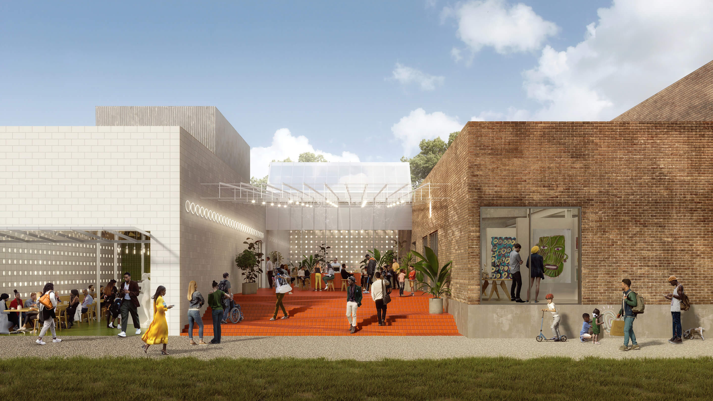 rendering of industrial buildings converted into an art space connected by a large courtyard
