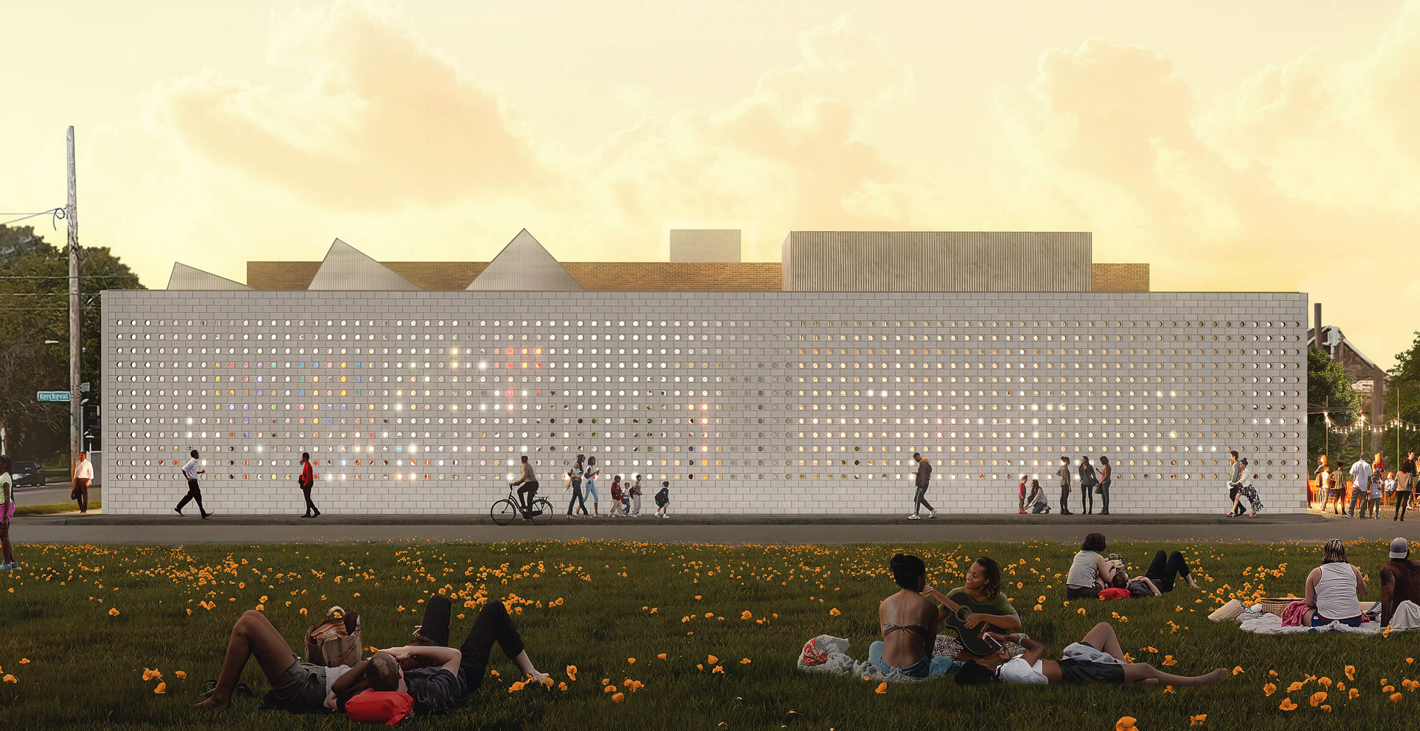 rendering of a building facade with many holes glowing at night