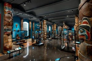 view of a museum gallery dedicated to objects and artifacts of indigenous nations of the Northwest Coast