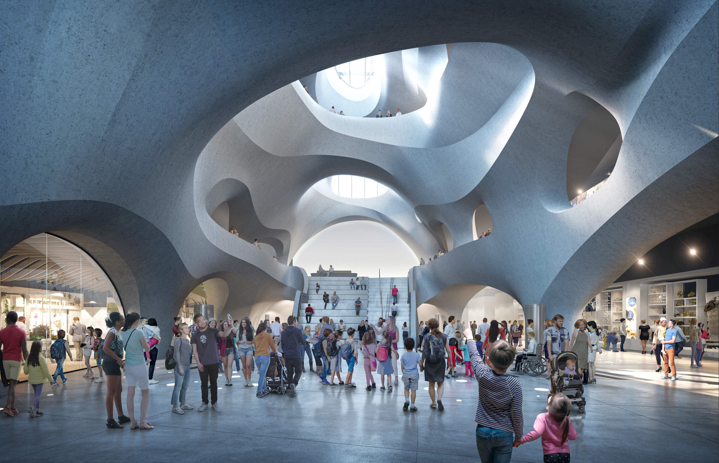 rendering of a soaring new atrium space at the american museum of natural history