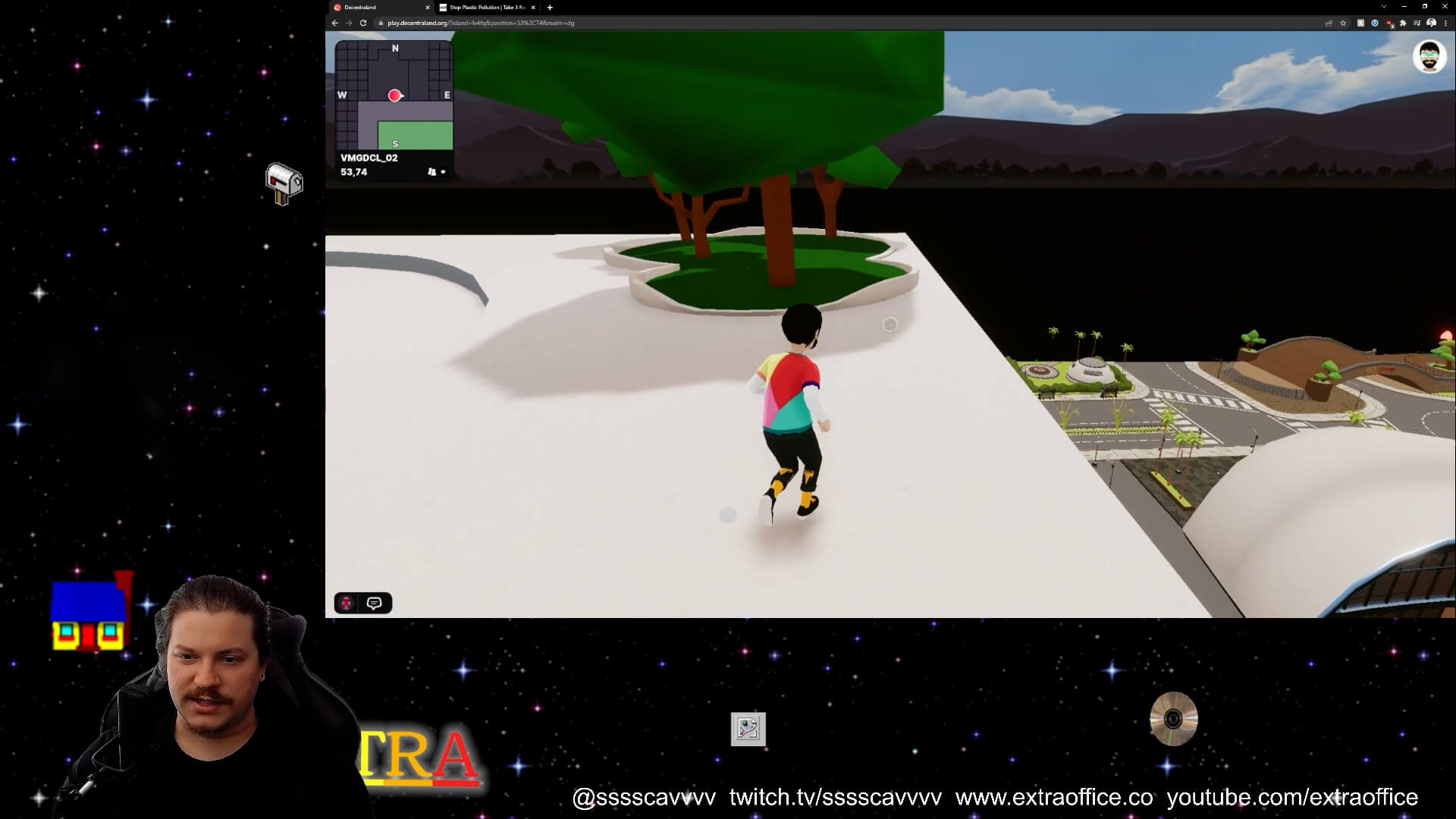 screenshot of an avatar standing in a metaverse landscape during the day