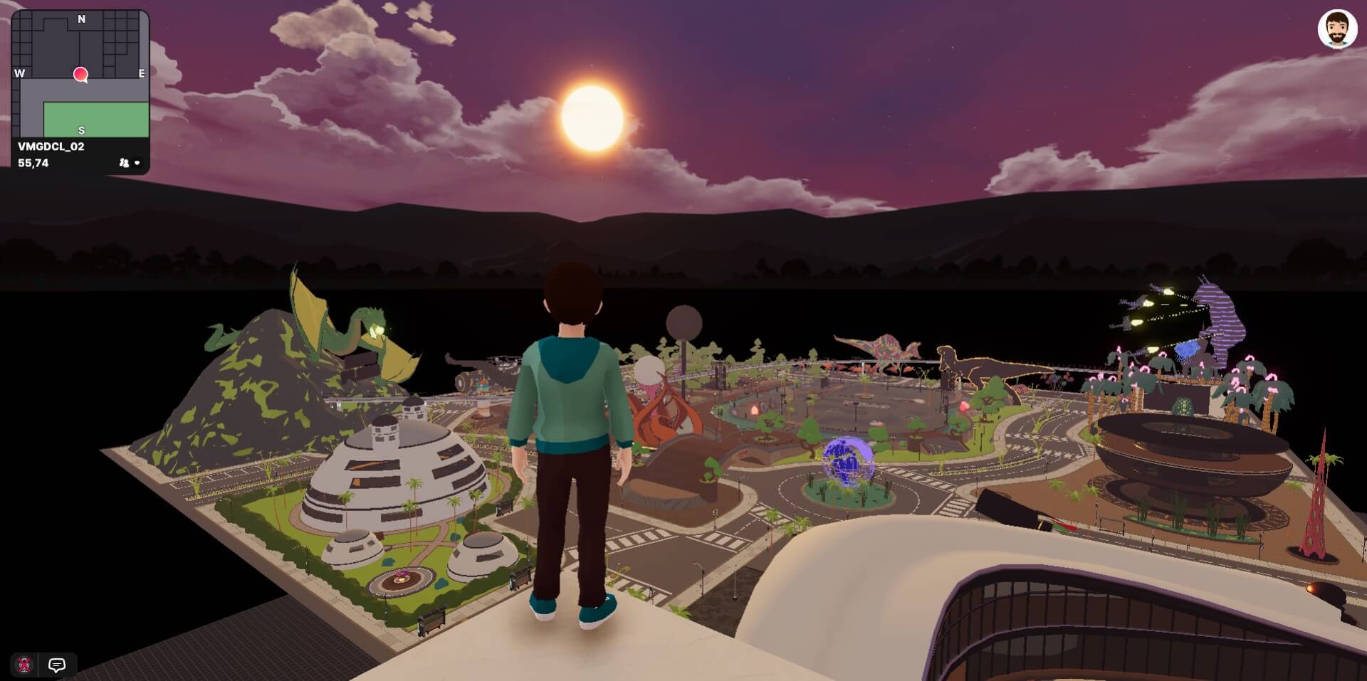screenshot of an avatar standing in a metaverse landscape at sunset