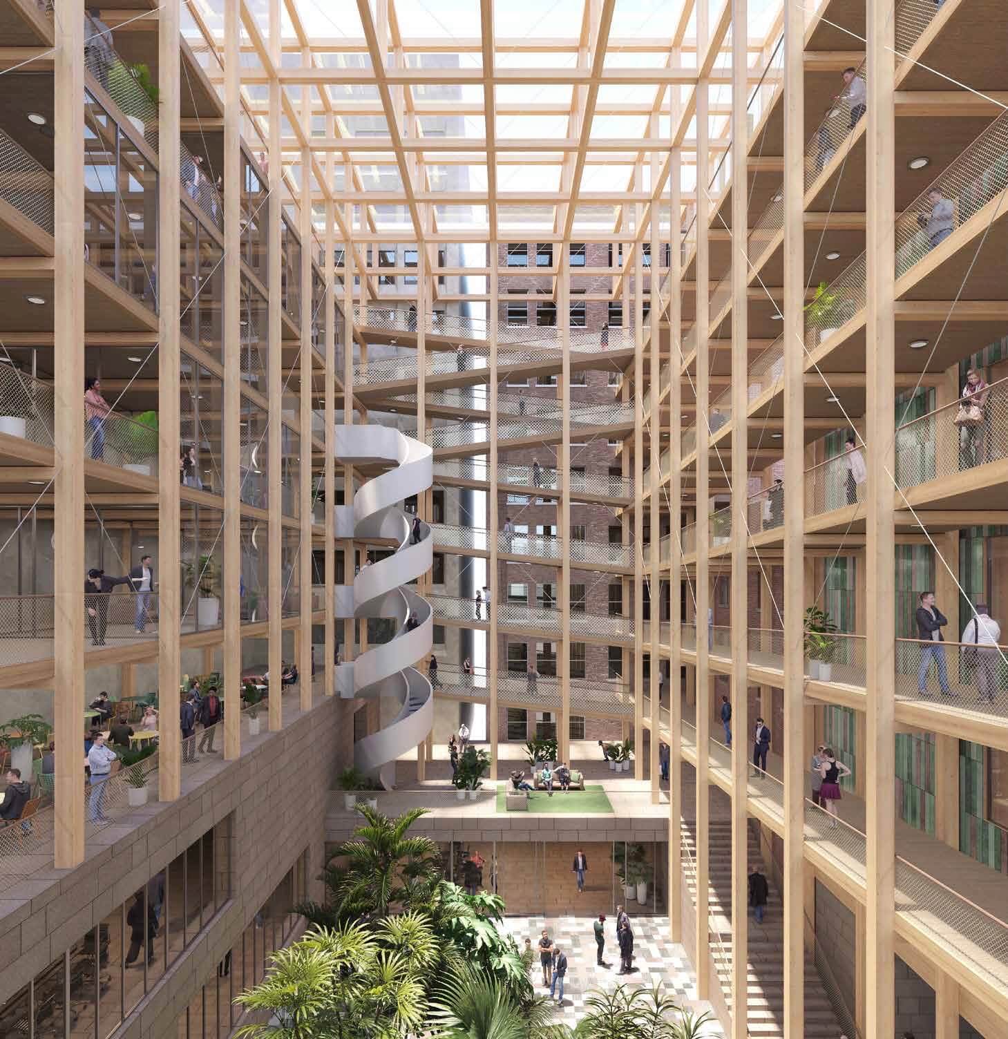 rendering of a soaring mass timber atrium