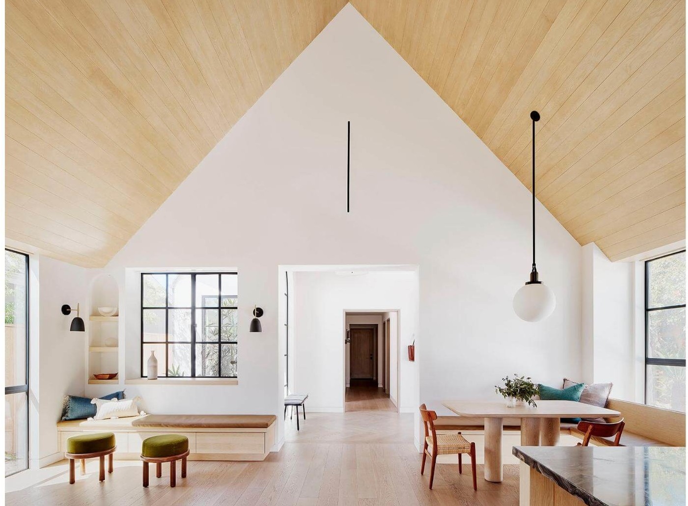 interior of a home with a pitched roof
