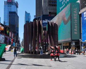 a sculptural steel pavilion in times Square