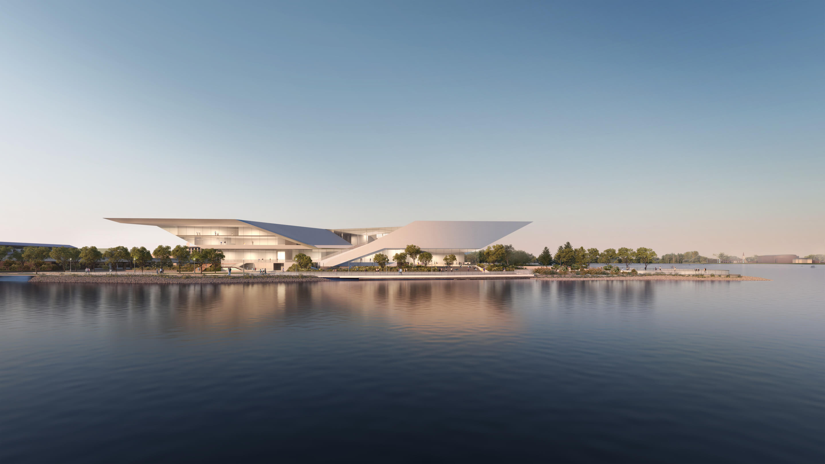 rendering of a musuem complex on the water