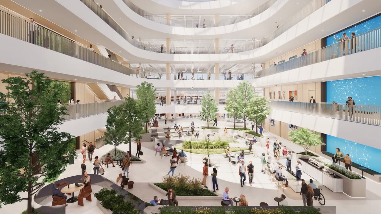 renderings of a soaring office building atrium
