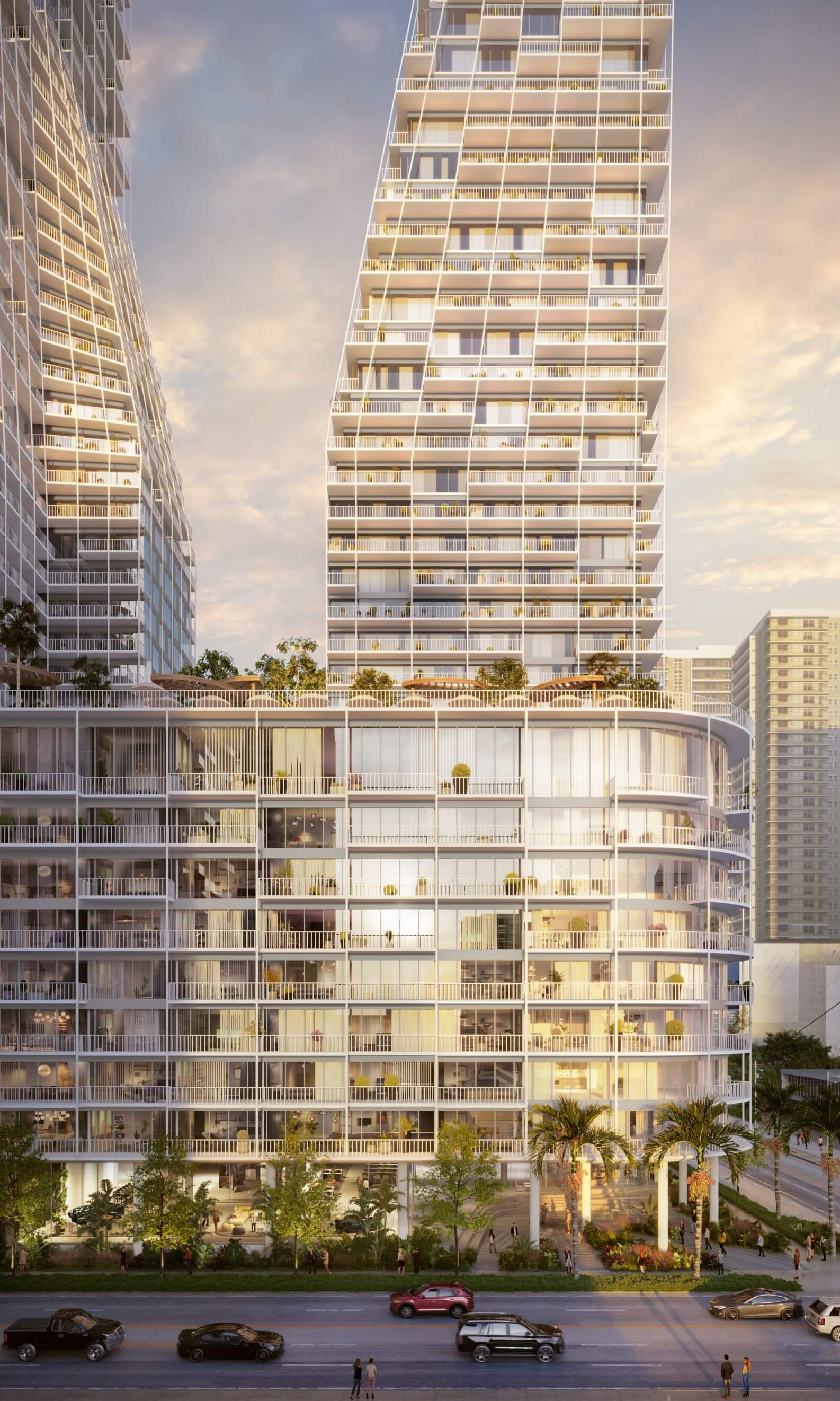 rendering of two large tapered apartment towers and the fort lauderdale skyline