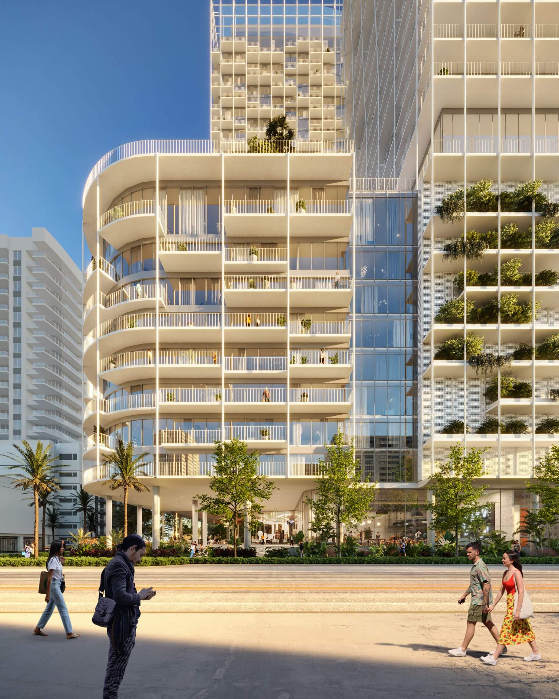 rendering of people walking past a large apartment development
