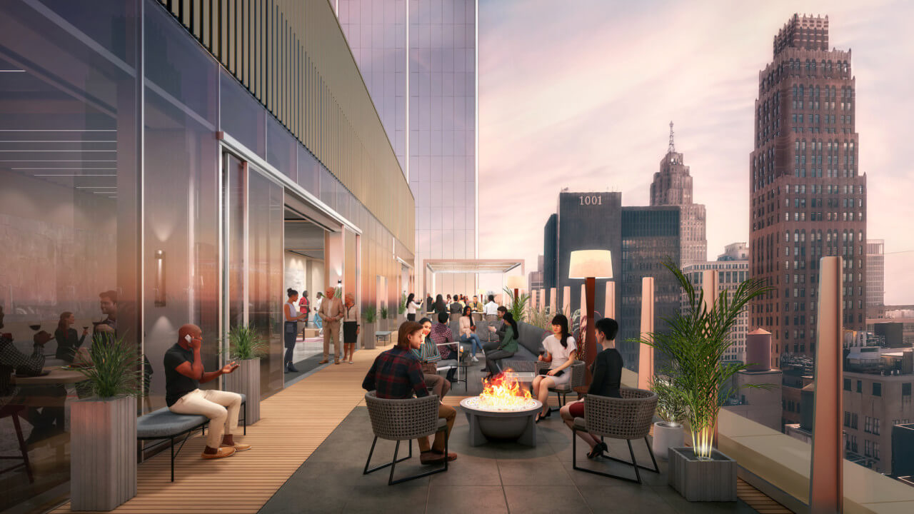rendering of a rooftop space with food and drinks