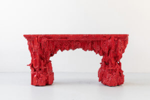 a bright red textured table