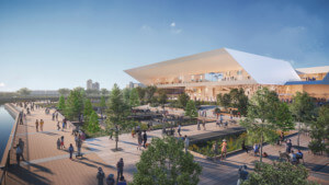 rendering of a riverfront museum complex