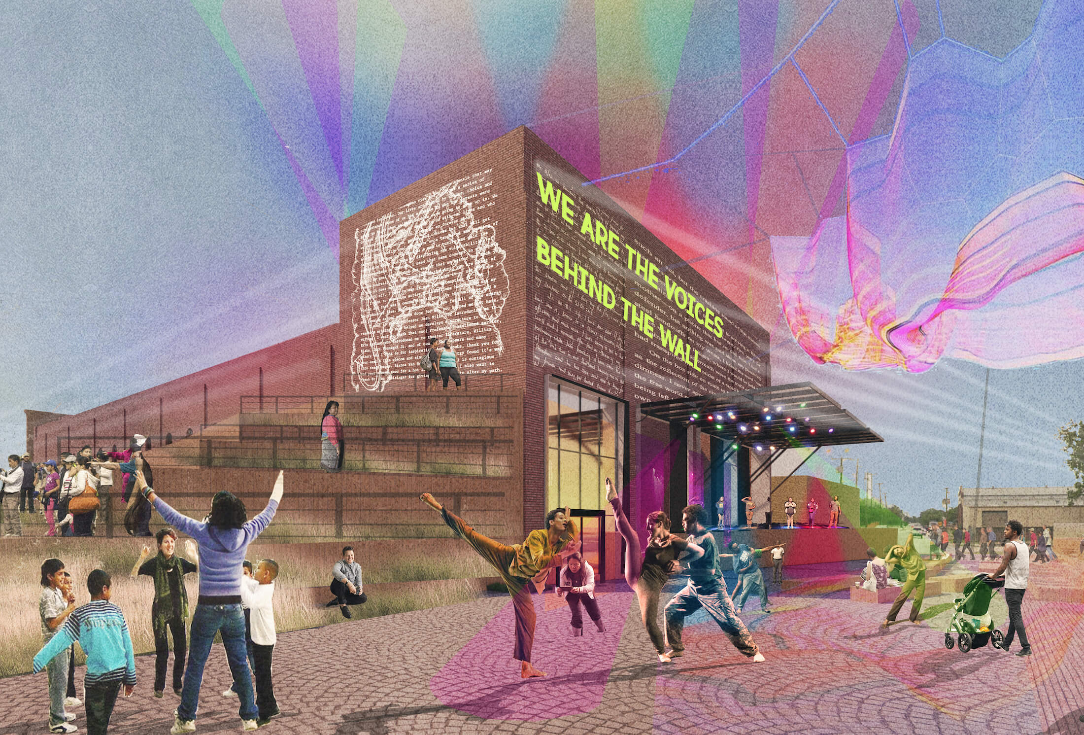 rendering of people outside an arts center