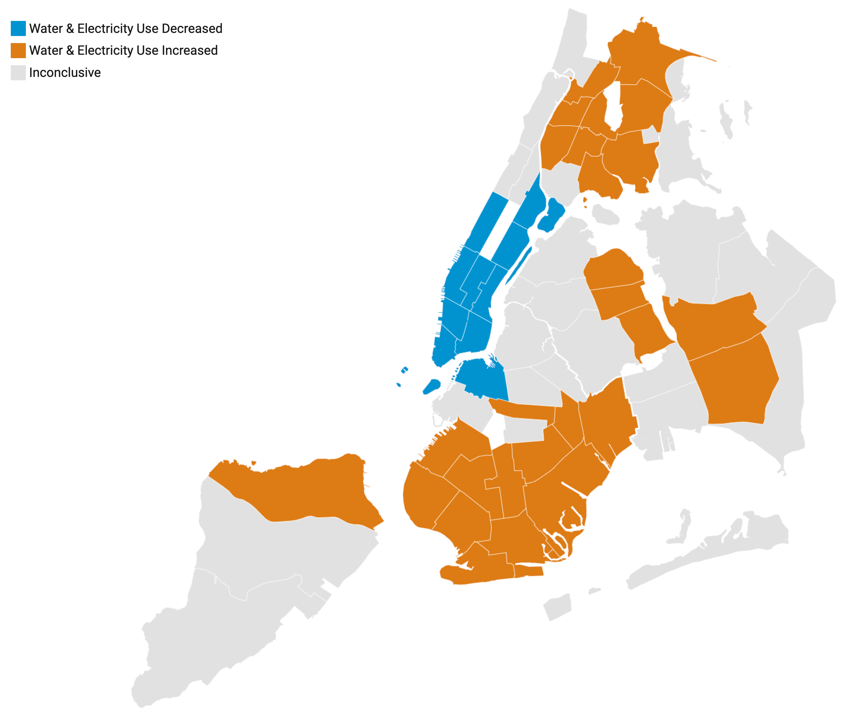 A map of New York City that shows that water and energy use decreased in Manhattan while increasing in outer neighborhoods.