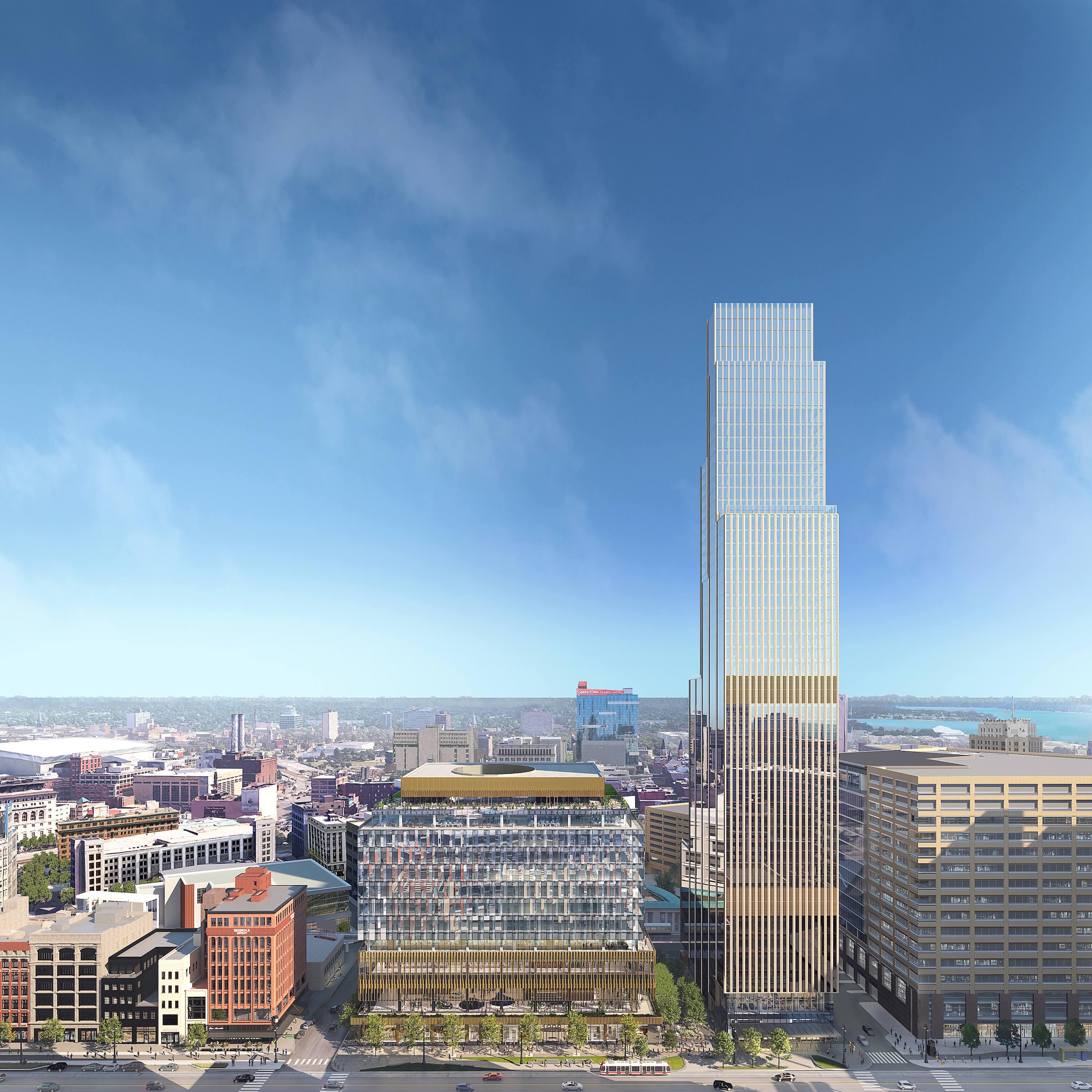 rendering of a large glass tower next to a smaller office building
