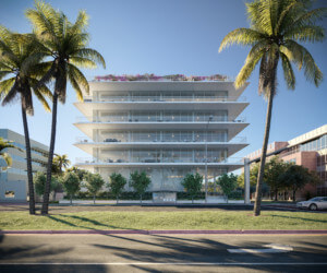 rendering of a squat office building flanked by palm trees