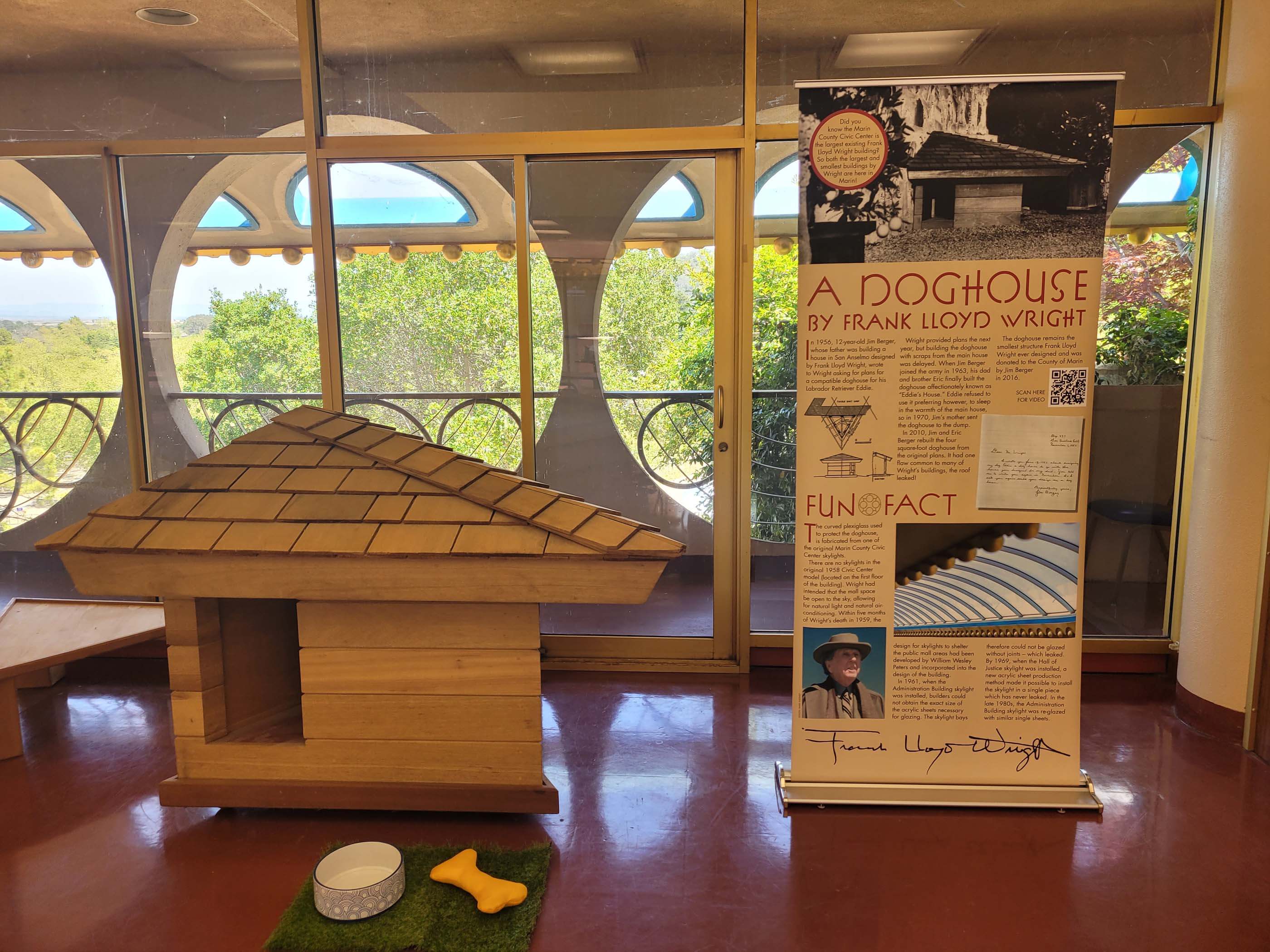 doghouse with angular roof and text on exhibition in Marin County Civic Center