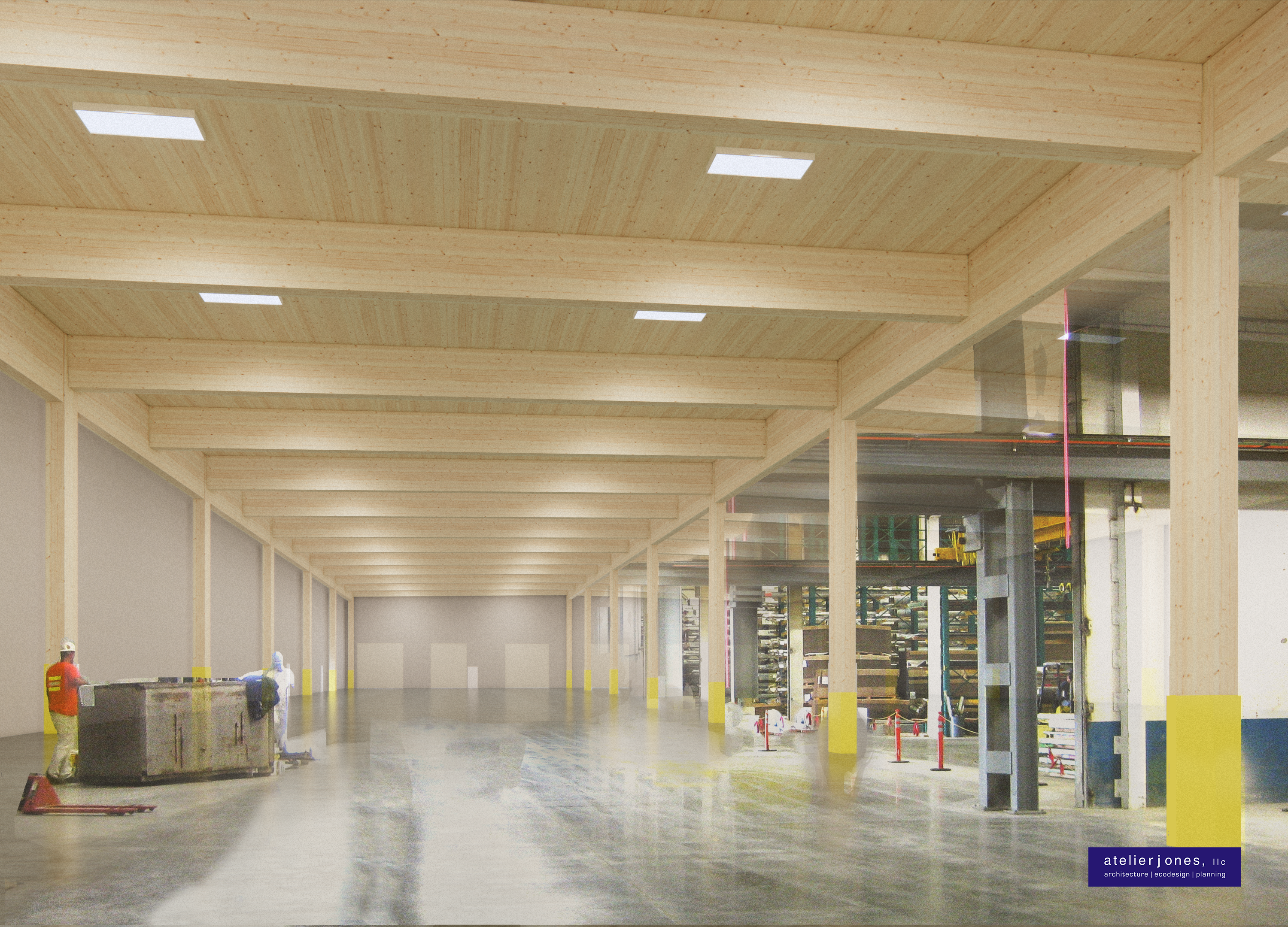 rendering of a timber warehouse space