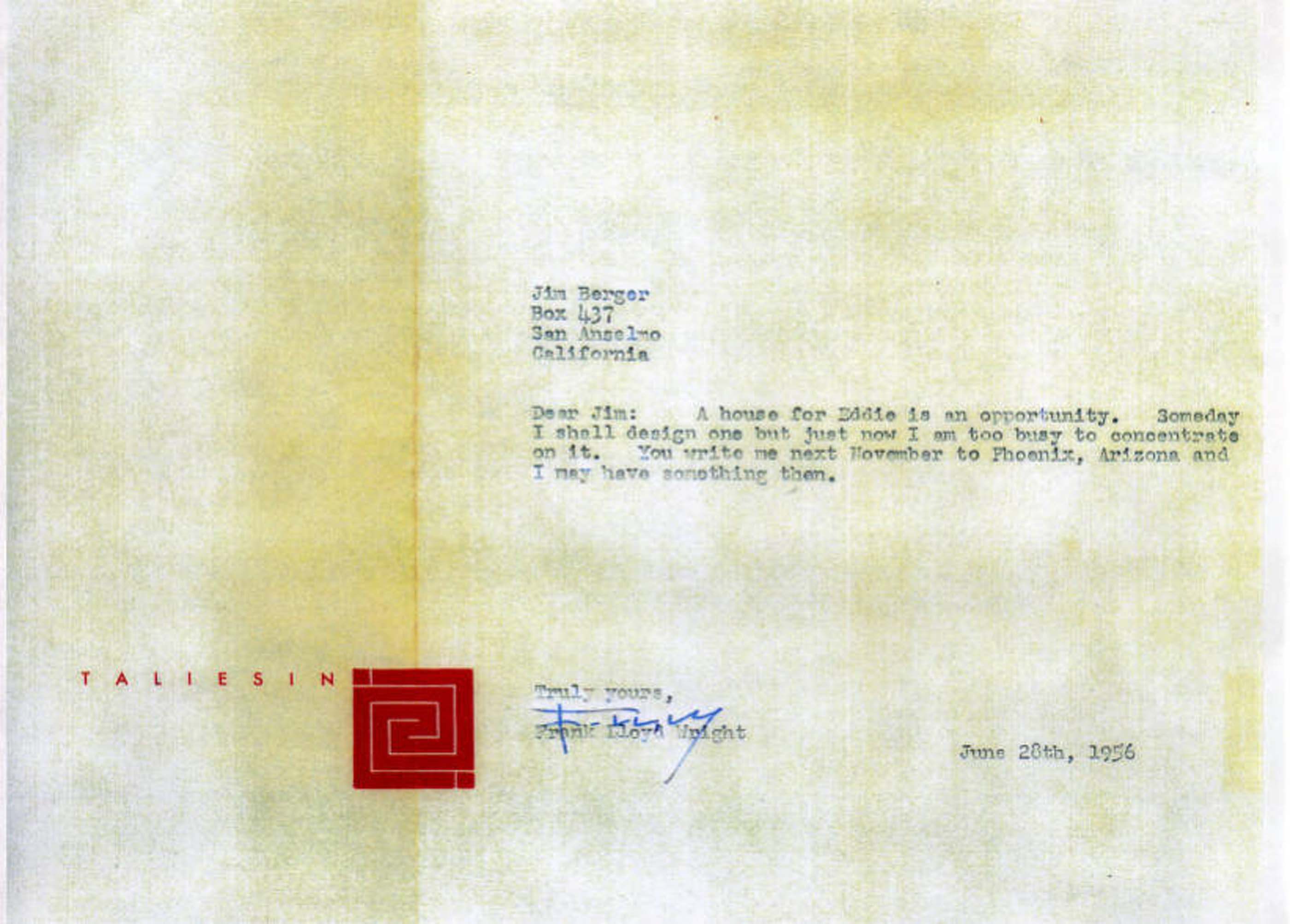 letter from Frank Lloyd Wright to Jim Berger