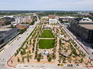aerial view of a downtown park in omaha