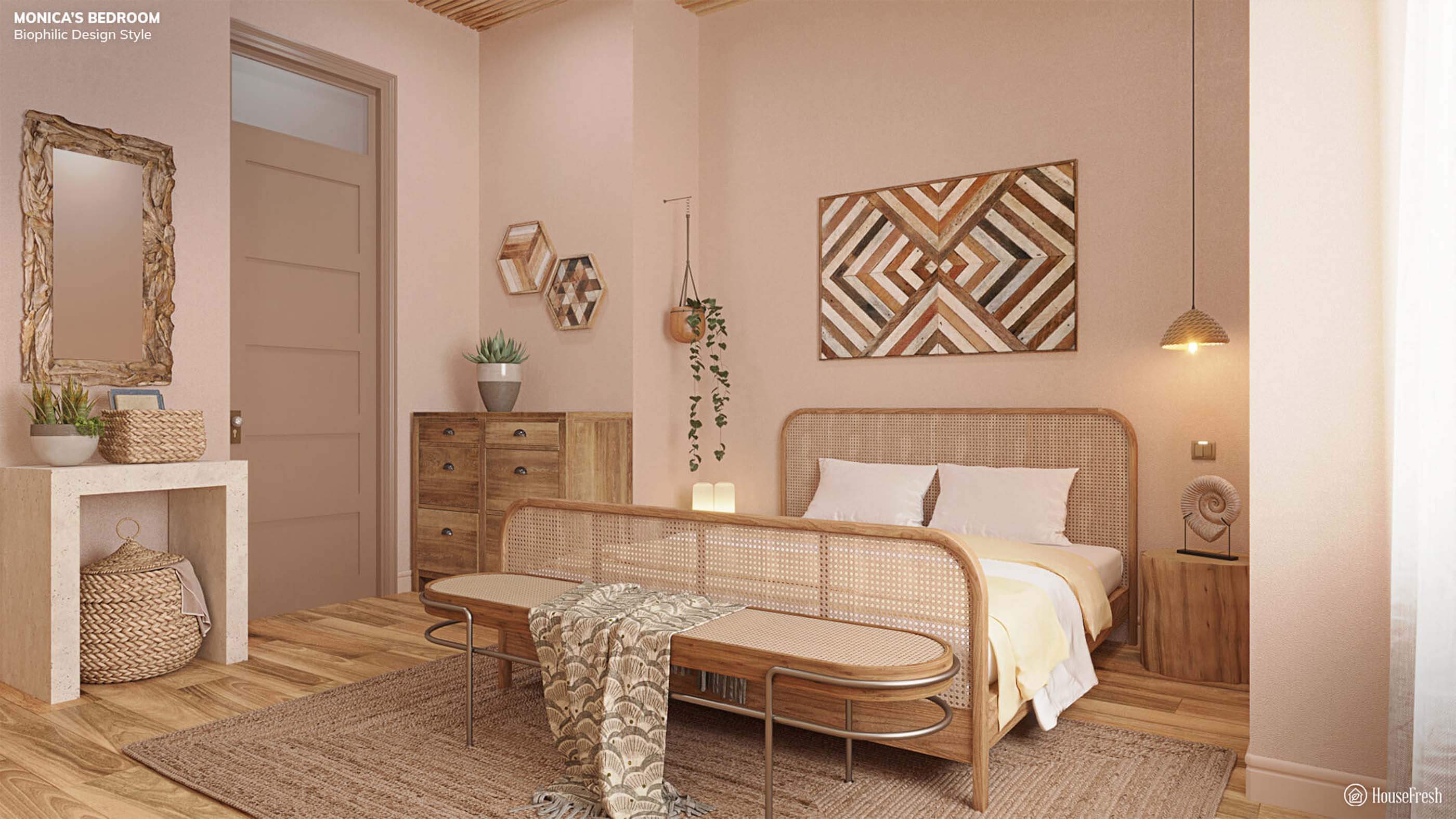 rattan bed with pink walls