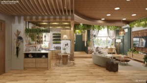 living room and kitchen decorated with wood