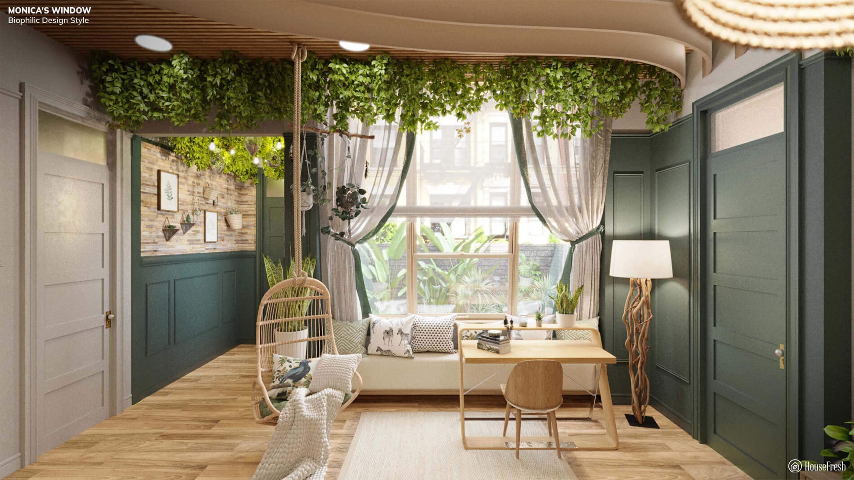 large window with curtains and greenery hanging
