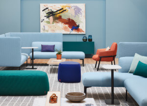 Colorful furniture decorates interiors of the Haworth Hotel