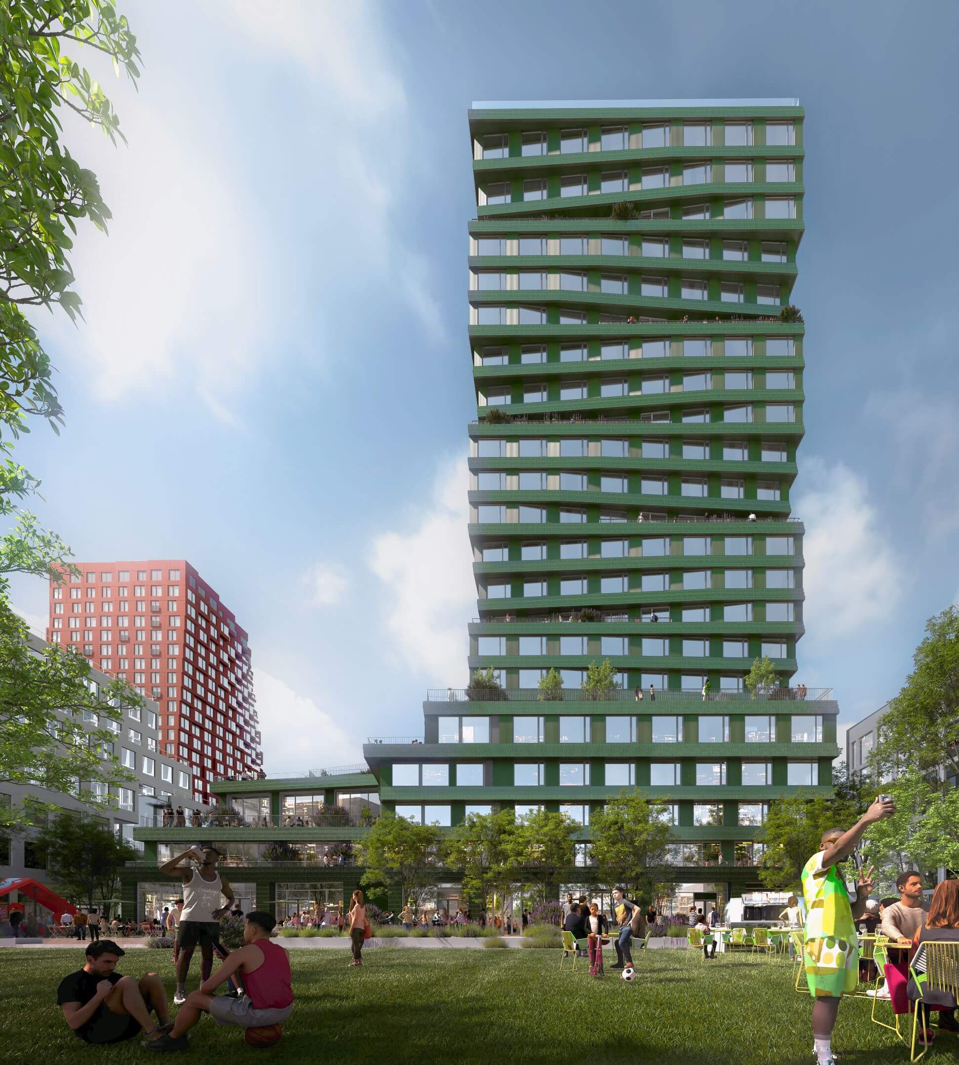 rendering of a green tile-clad apartment tower with a park in the foreground