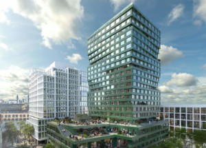rendering of a green-hued apartment tower with large terraces at its base
