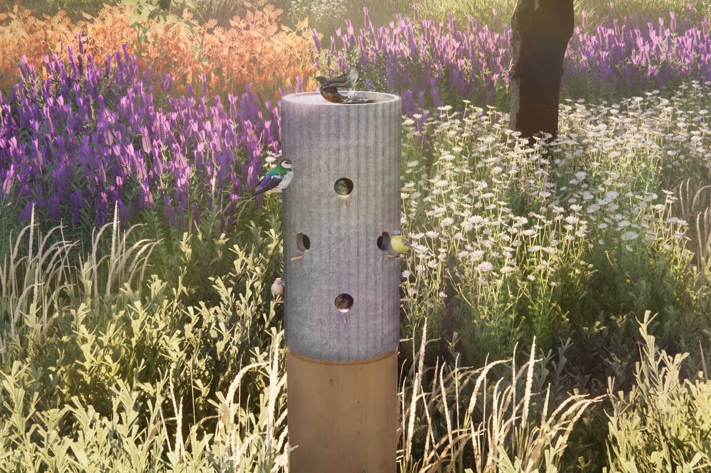 rendering of a cylindrical birdhouse with wildflowers in the background