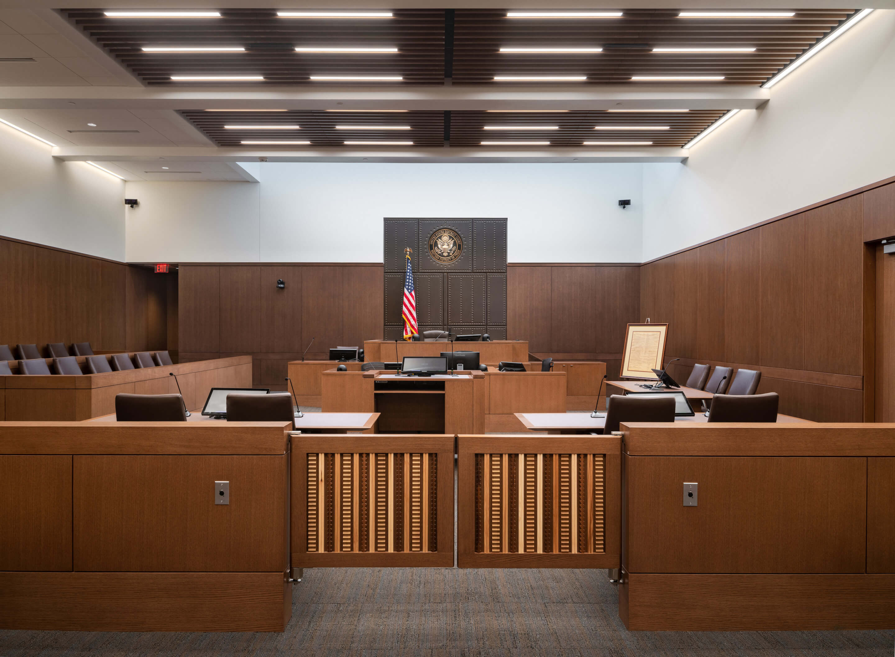interior of a courtroom with wood detailing