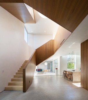 wood staircase with skylight and large windows