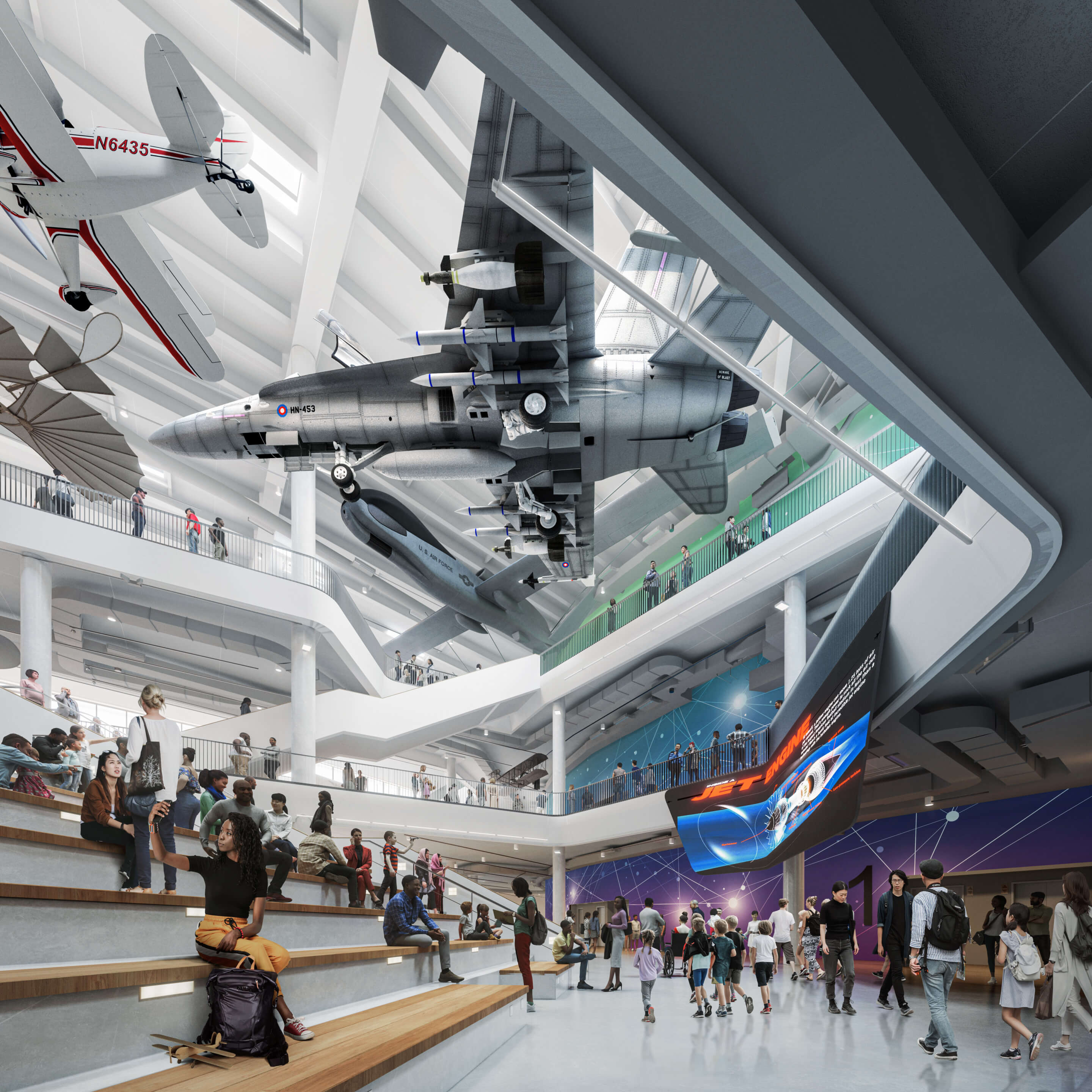 rendering of an atrium space with a large aeronautics exhibit area