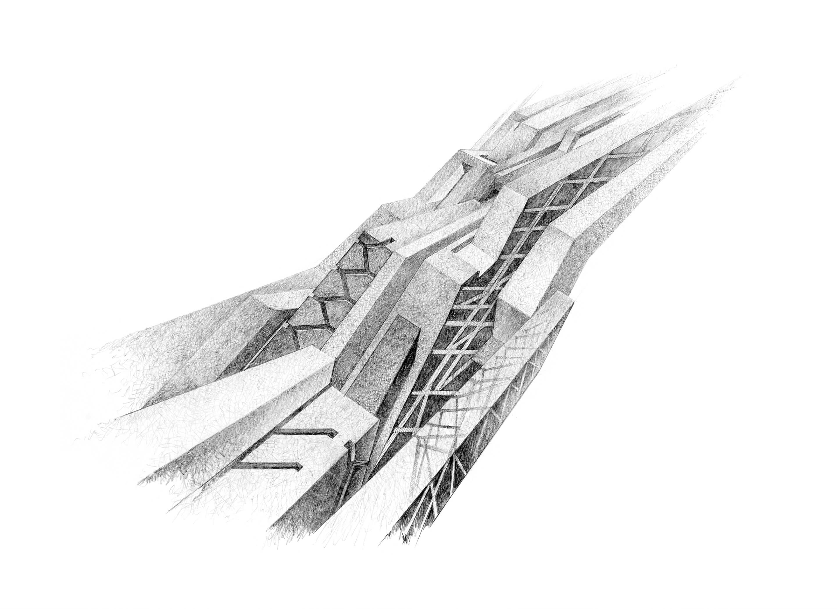 A graphite drawing on paper by Claude Parent