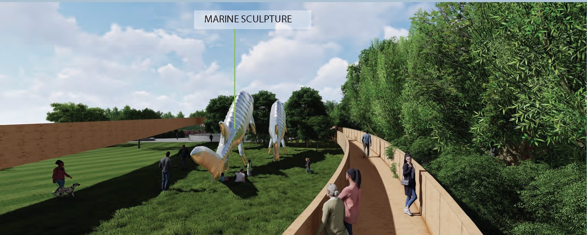 rendering of a park space with a large fish sculpture