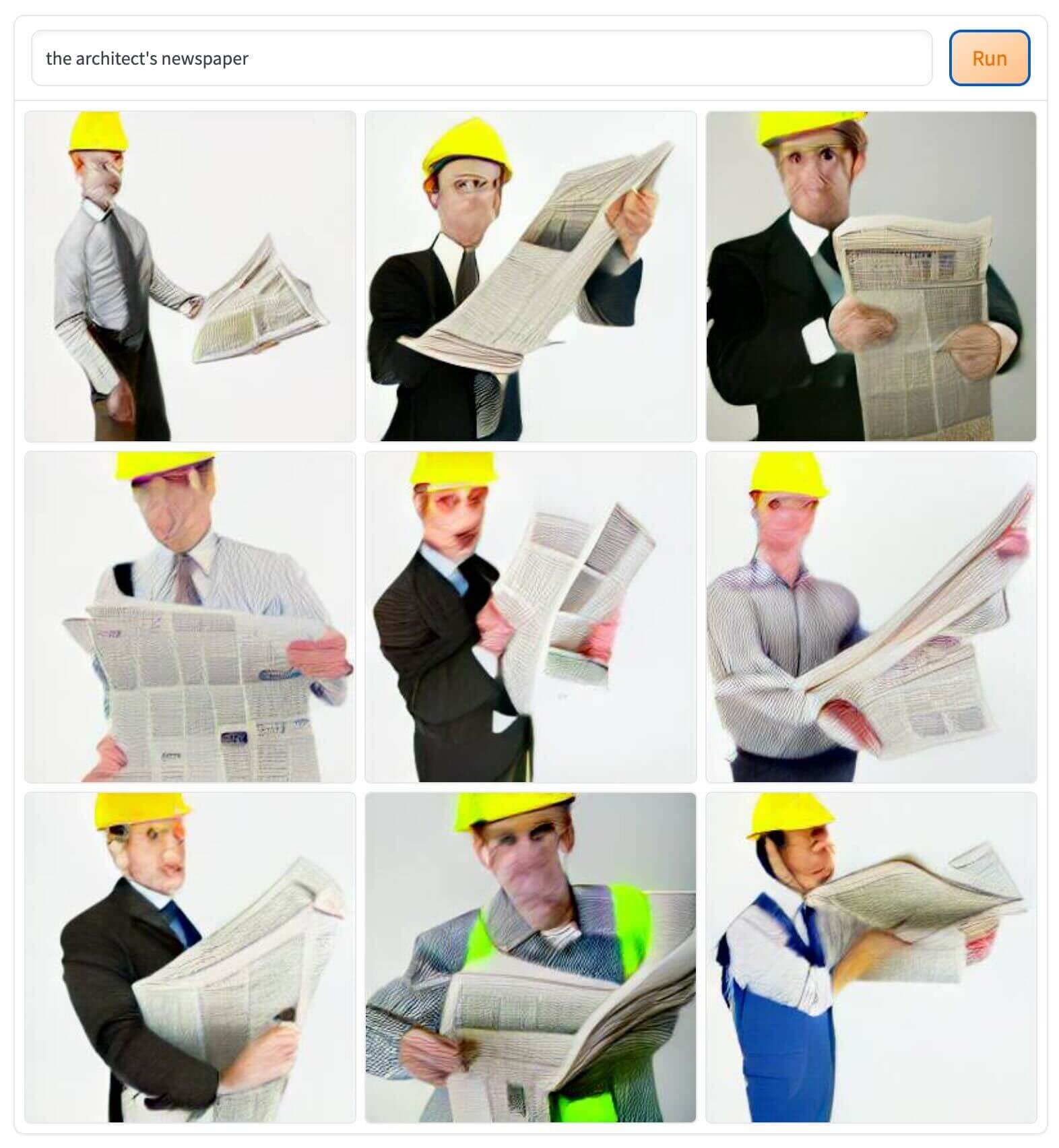 distorted man with construction helmet holding a newspaper