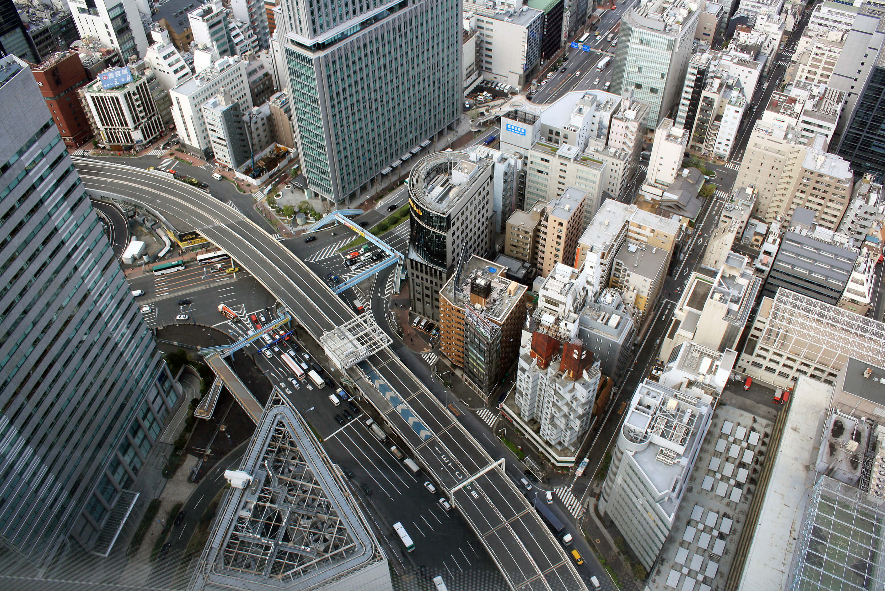 overhead view of ginza with nakagin capsule tower visible
