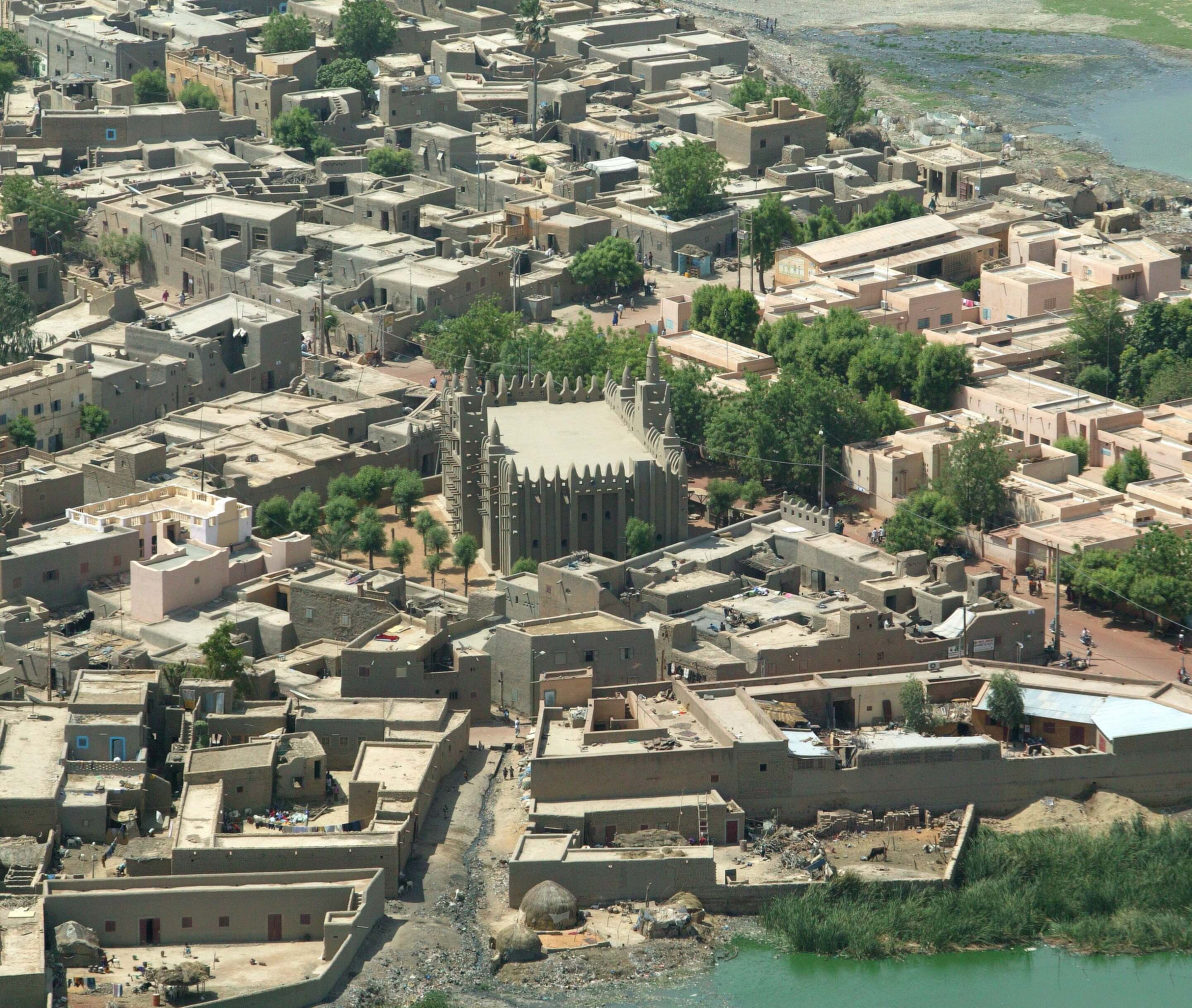 aerial view of an earthen mosque in mali 
