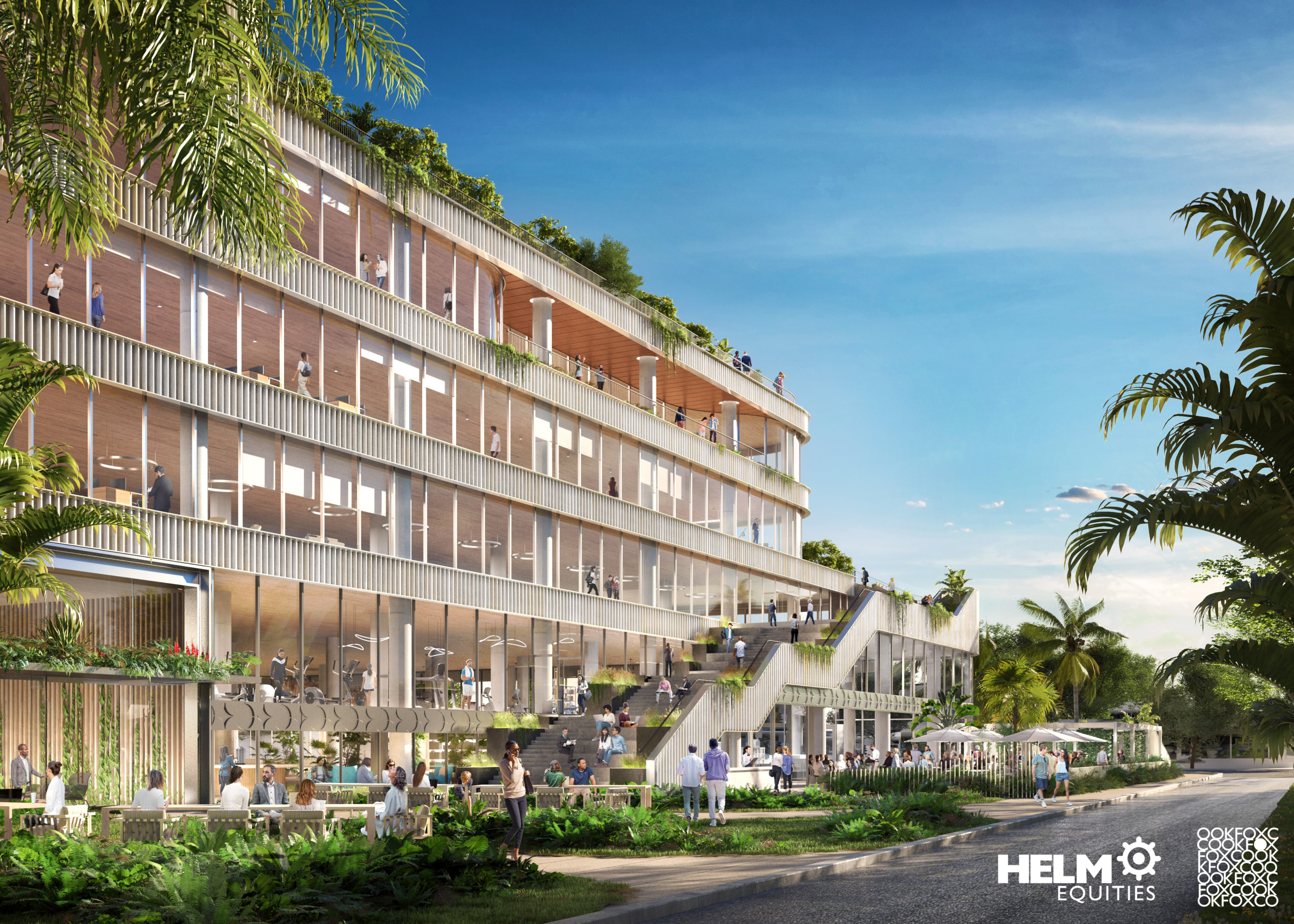 rendering of a lushly landscaped mixed-use building